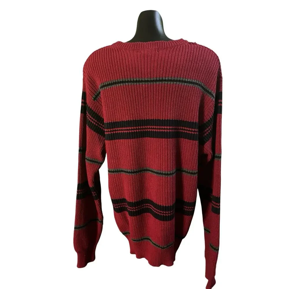 Nautica Men’s Sweater Red Black Grey Stripe Knit Crew Neck XXL